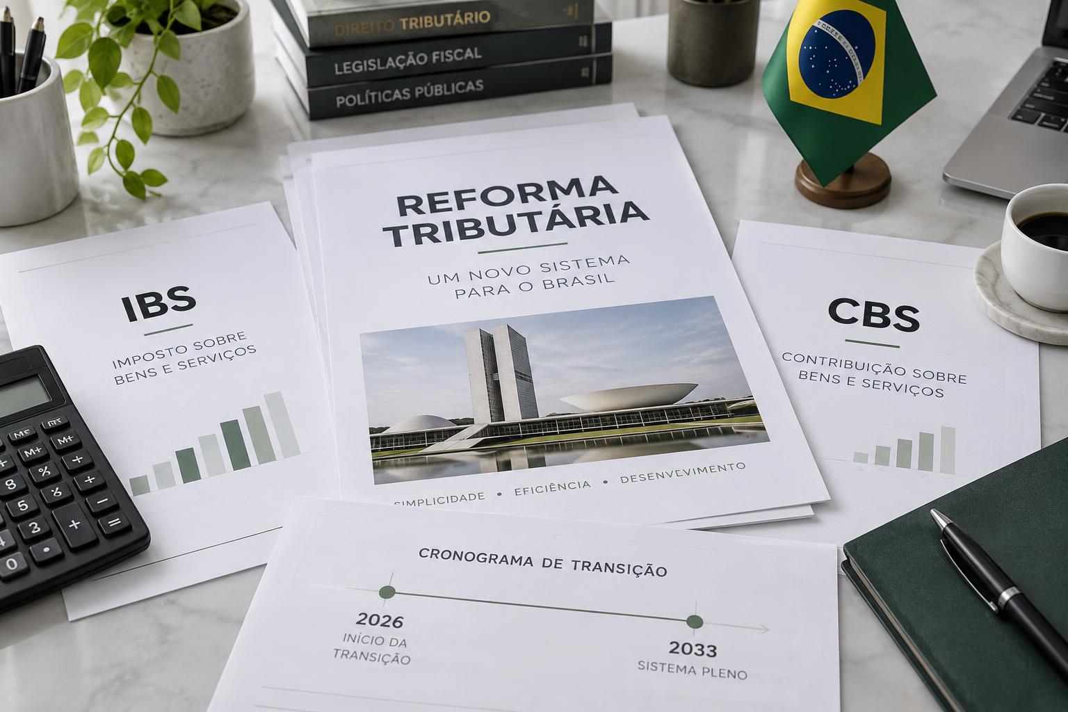 Documentos sobre Reforma Tributária, IBS, CBS e o cronograma de transição de 2026 a 2033