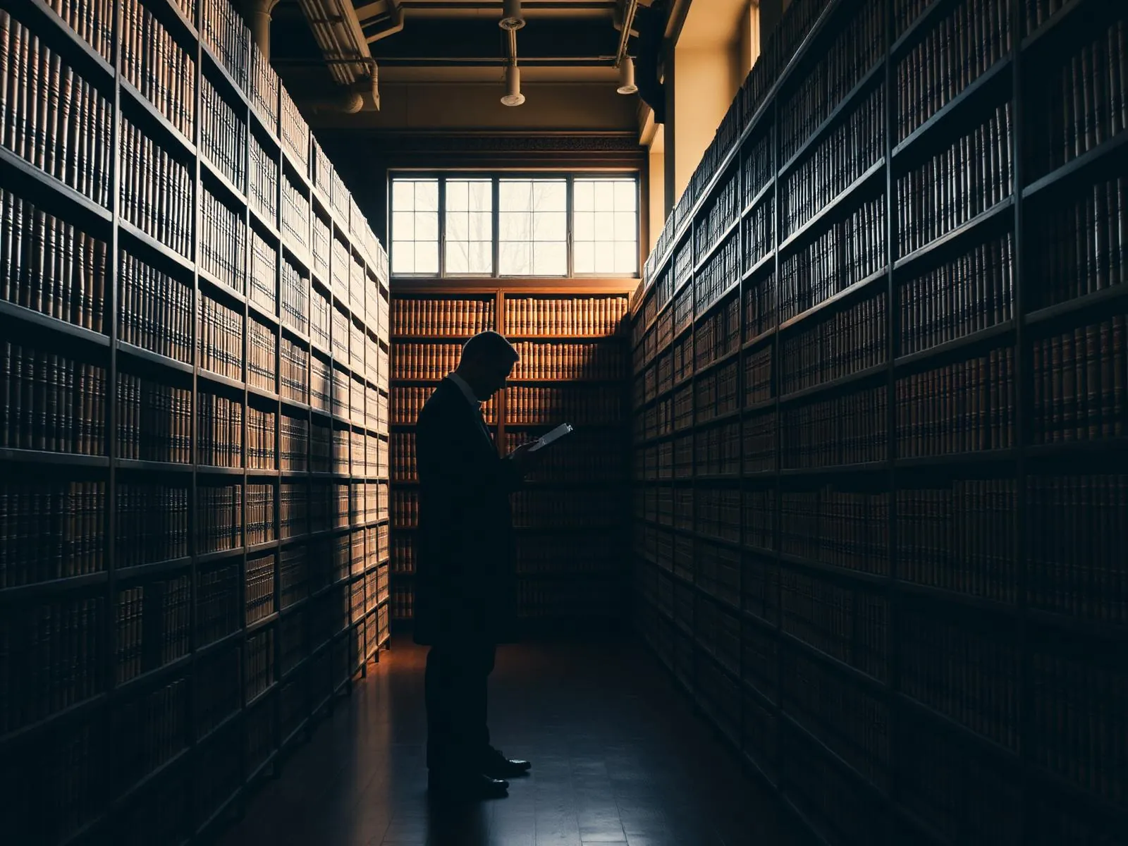 Pessoa lendo um livro entre estantes de uma biblioteca jurídica