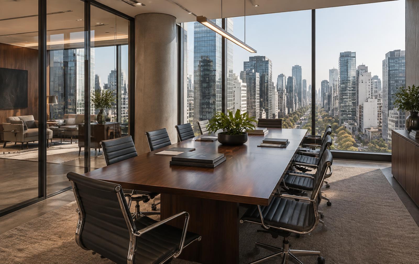 Sala de reunião com vista para a Avenida Faria Lima, em São Paulo.